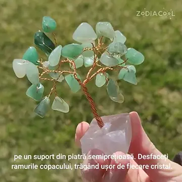 Copacei decorativi Aventurin, piatra prosperitatii, copacel Feng Shui cu cristale pe suport din pietre semipretioase, 8 cm verde 