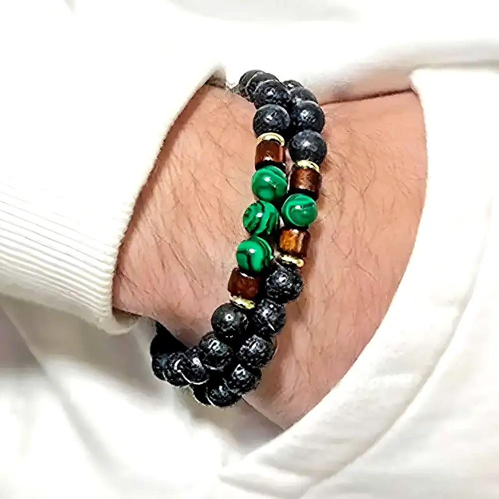 Set 2 brățări piatră Malachit cu rocă vulcanică, elastic