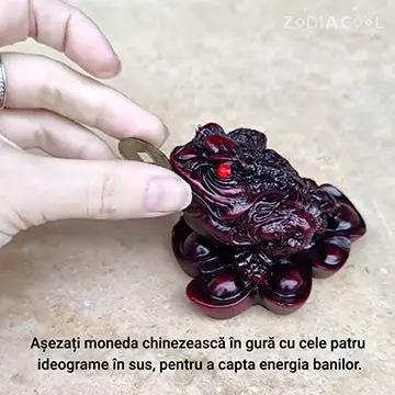 Broasca norocoasa Feng Shui, pe soclu de monede si pepite, statueta piatra 9 cm rosu