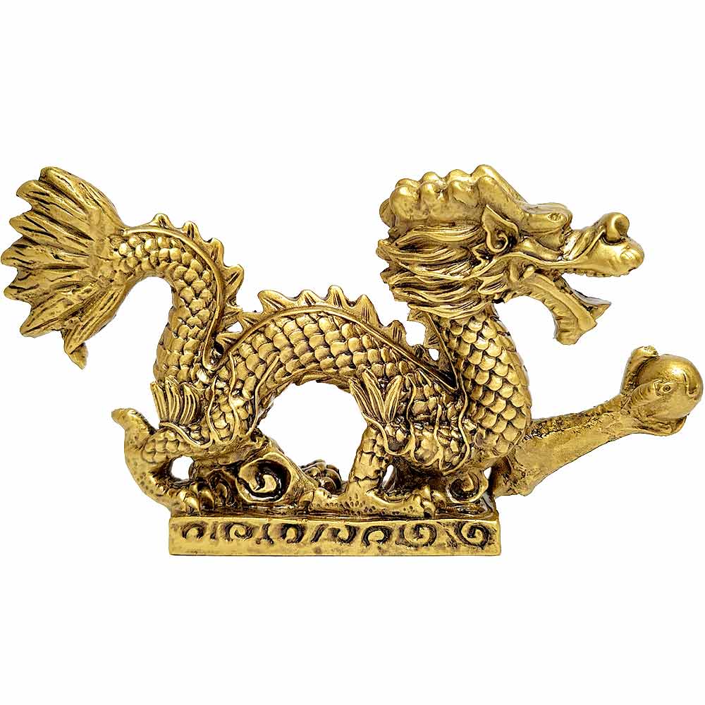 Dragonul norocos feng shui cu perla nemuririi pentru bogatie, statueta auriu