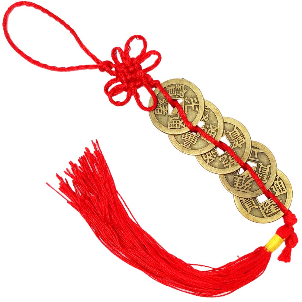 5 monede norocoase amuleta feng shui pentru armonie in relatii, intelepciune si generare vanzari, auriu cu rosu
