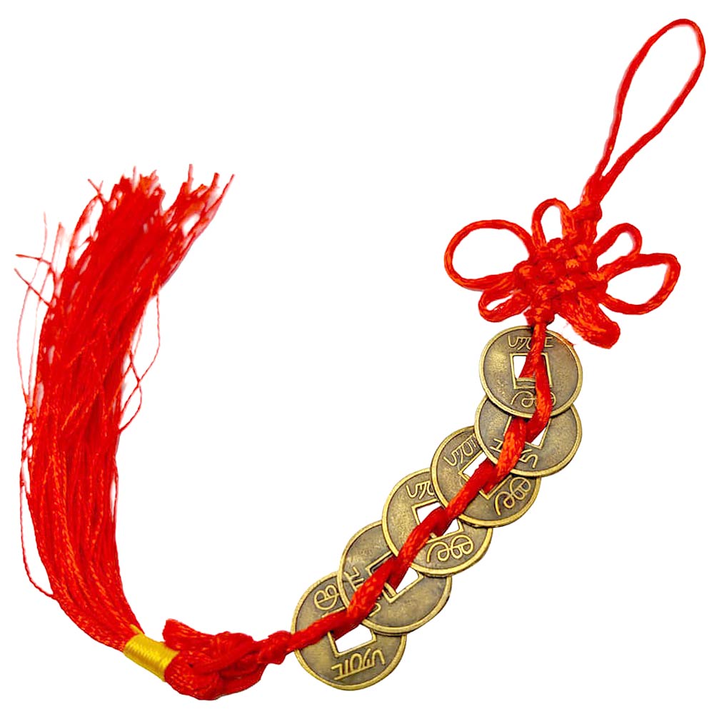Amuleta 6 monede chinezesti feng shui pentru noroc divin, prosperitate si succes in calatorii cu nod mistic de protectie, auriu cu rosu