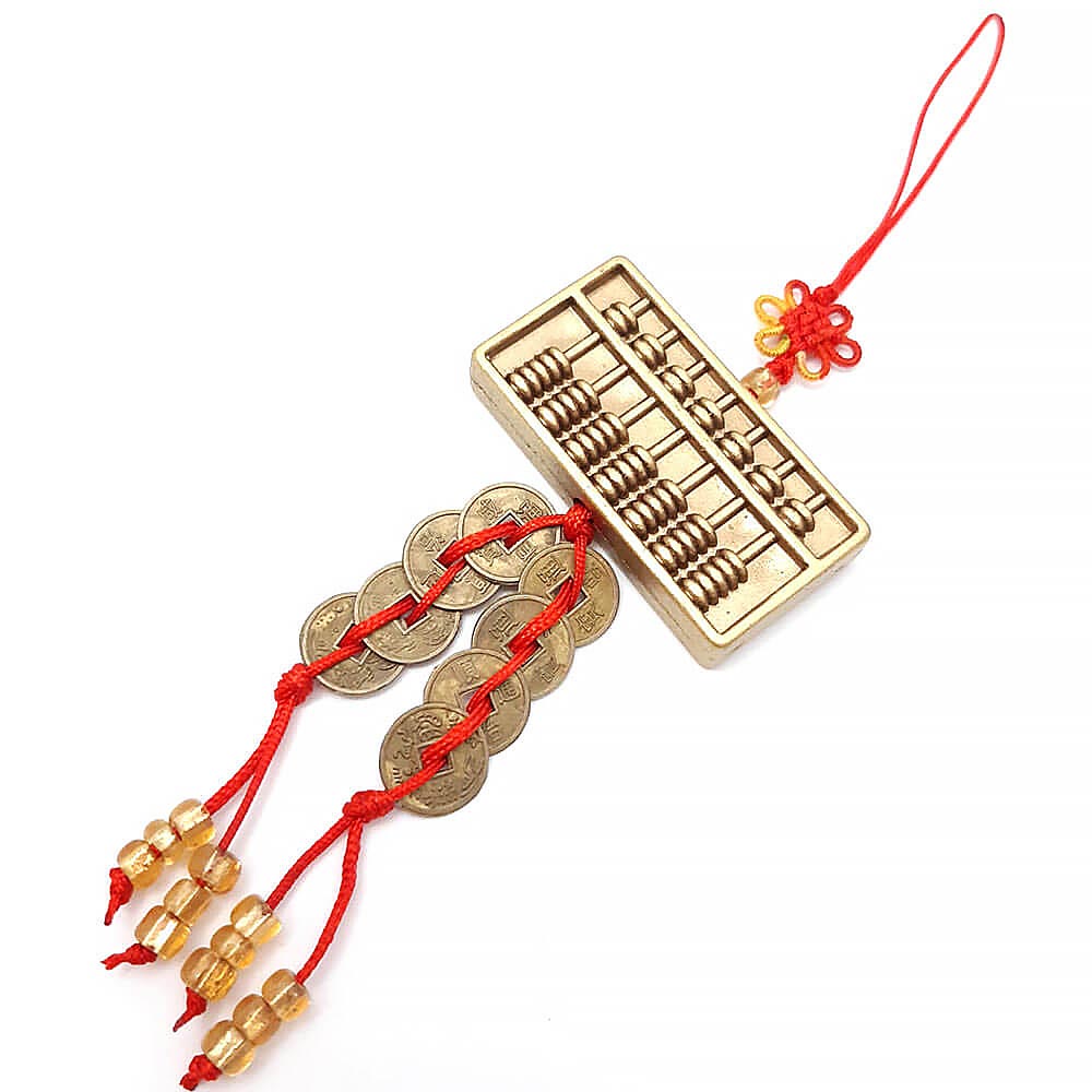 Amuleta Feng Shui Abac cu monede pentru noroc in afaceri si succes scolar, auriu snur rosu