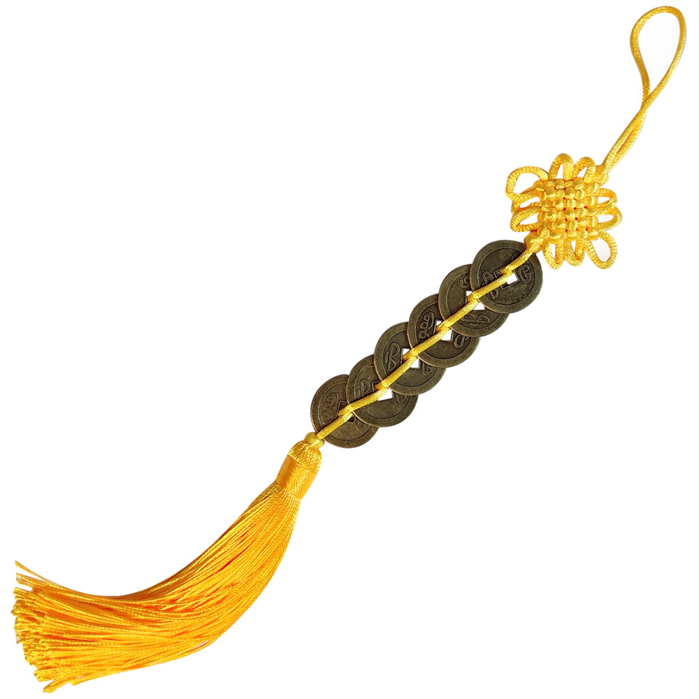 Nod mistic galben cu 5 monede chinezesti, amuleta pentru protectie si noroc bani, galben 32 cm