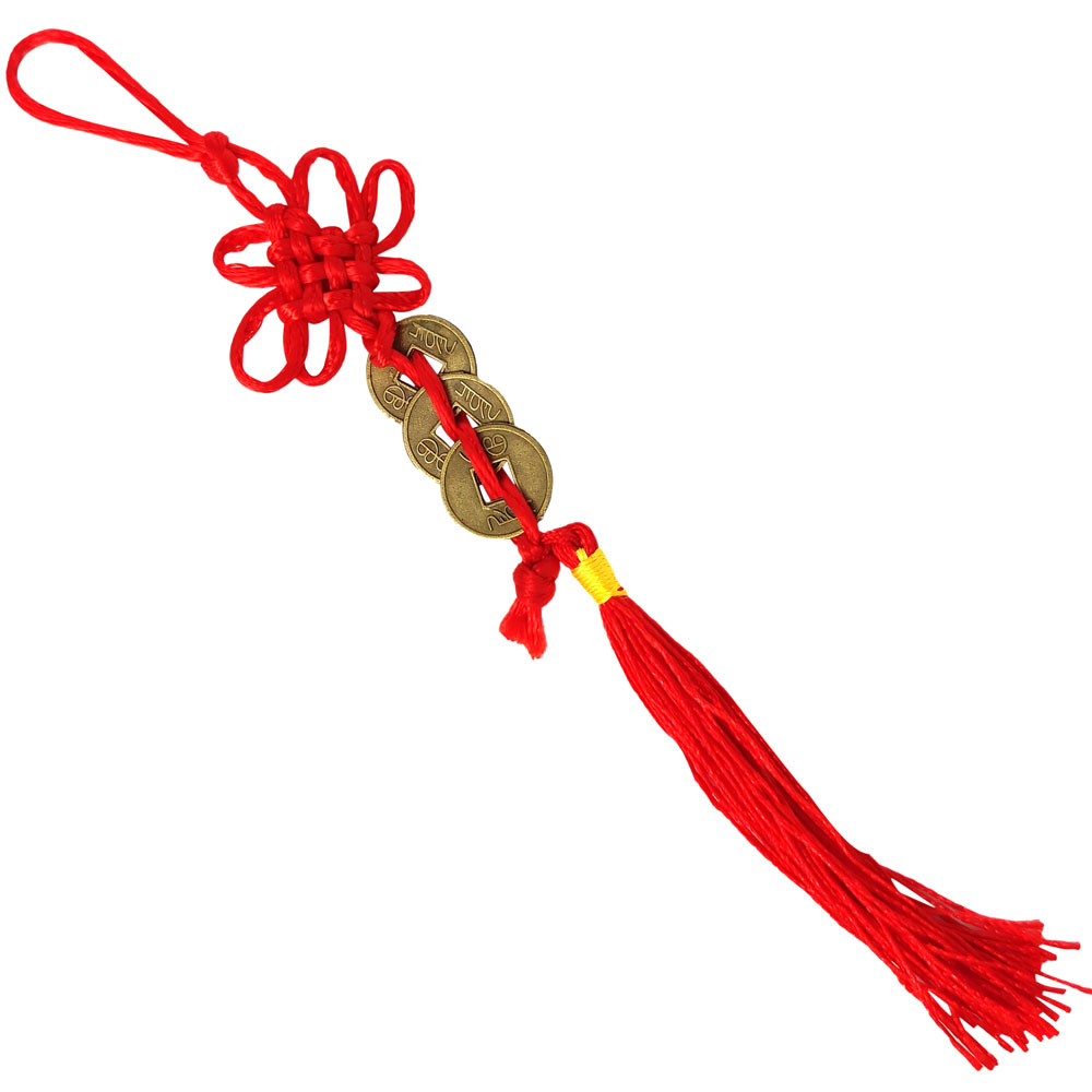 Amuleta cu 3 monede chinezesti norocoase si nod mistic, activator Feng Shui pentru bani, auriu snur rosu