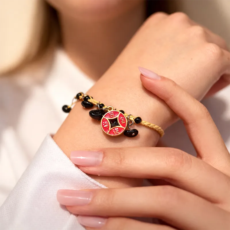 Brățară Obsidian cu ideograma prosperității, piatra protectiei, boho rafie reglabilă