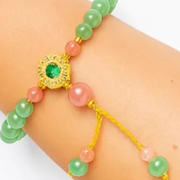 Brățară Aventurin cu mandală florală, piatra prosperității, reglabilă cu șnur și ciucure