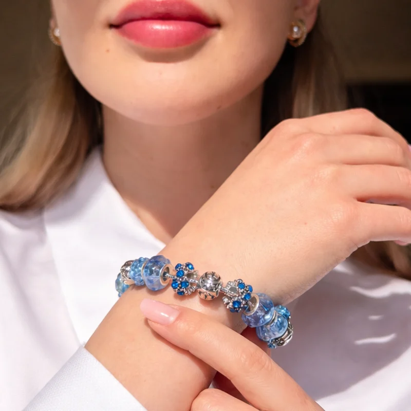 Brățară zodia Berbec tip Pandora, suflată cu argint cu strasuri montate în charmuri, inox solid de calitate turcoaz 19 cm