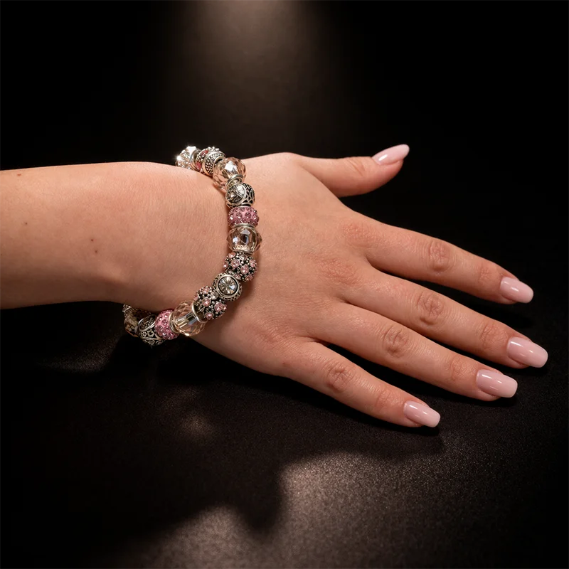Brățară zodia Rac tip Pandora, suflată cu argint cu strasuri montate în charmuri, inox solid de calitate roz pal 19 cm