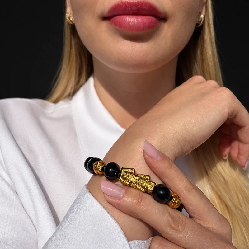 Bratara Pi Yao si piatra Obsidian, piatra protectie energie negativa, femei barbati, elastica negru