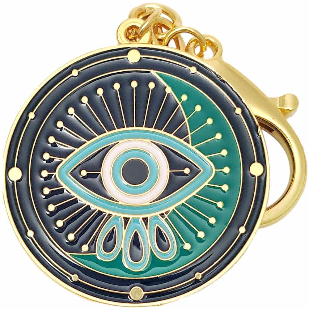 Breloc ochi norocos, amuleta feng shui pentru protectie de invidii si gelozie, metal de calitate auriu albastru cu verde