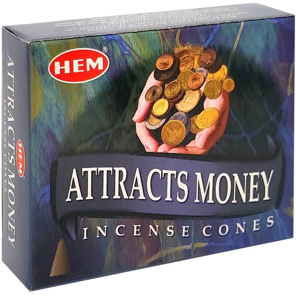 Conuri parfumate Attracts Money, gama profesionala HEM, pentru noroc la castiguri, 10 conuri (25g) aromaterapie suport metalic inclus
