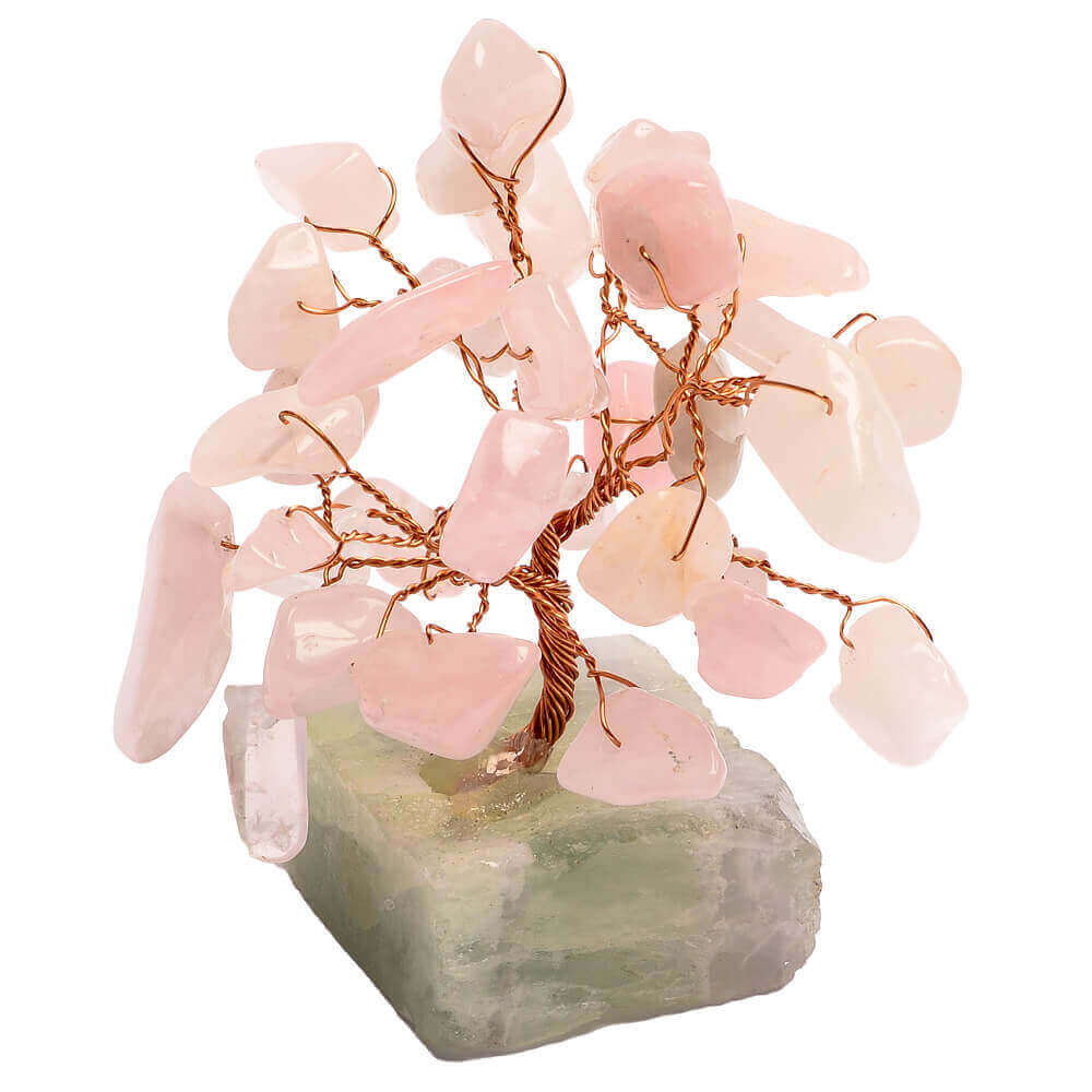 Copacei decorativi Cuart Roz, piatra semipretioasa a iubirii pure, copacel Feng Shui cu cristale pe suport de pietre semipretioase, 8 cm