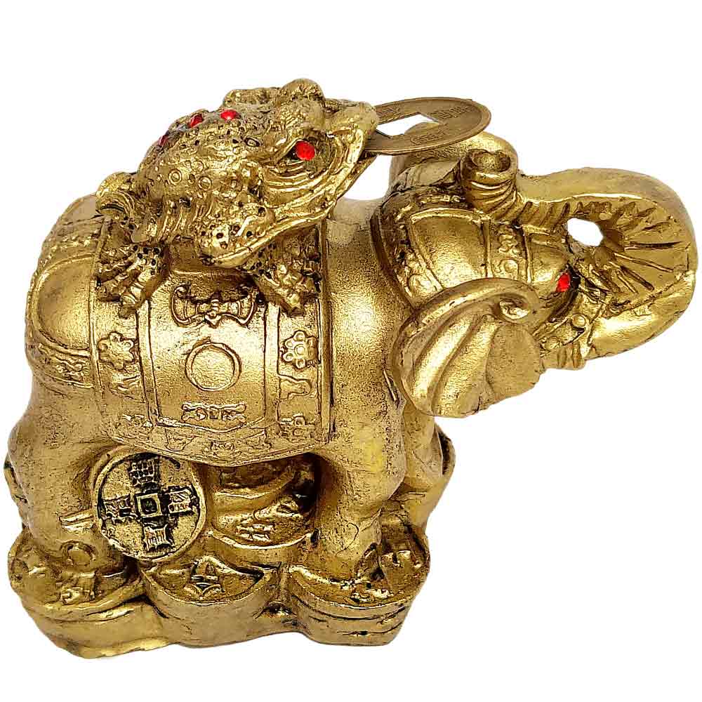 Elefant cu broasca in spate feng shui, amuleta dragoste, bogatie si pentru indepartarea obstacolelor, statueta auriu