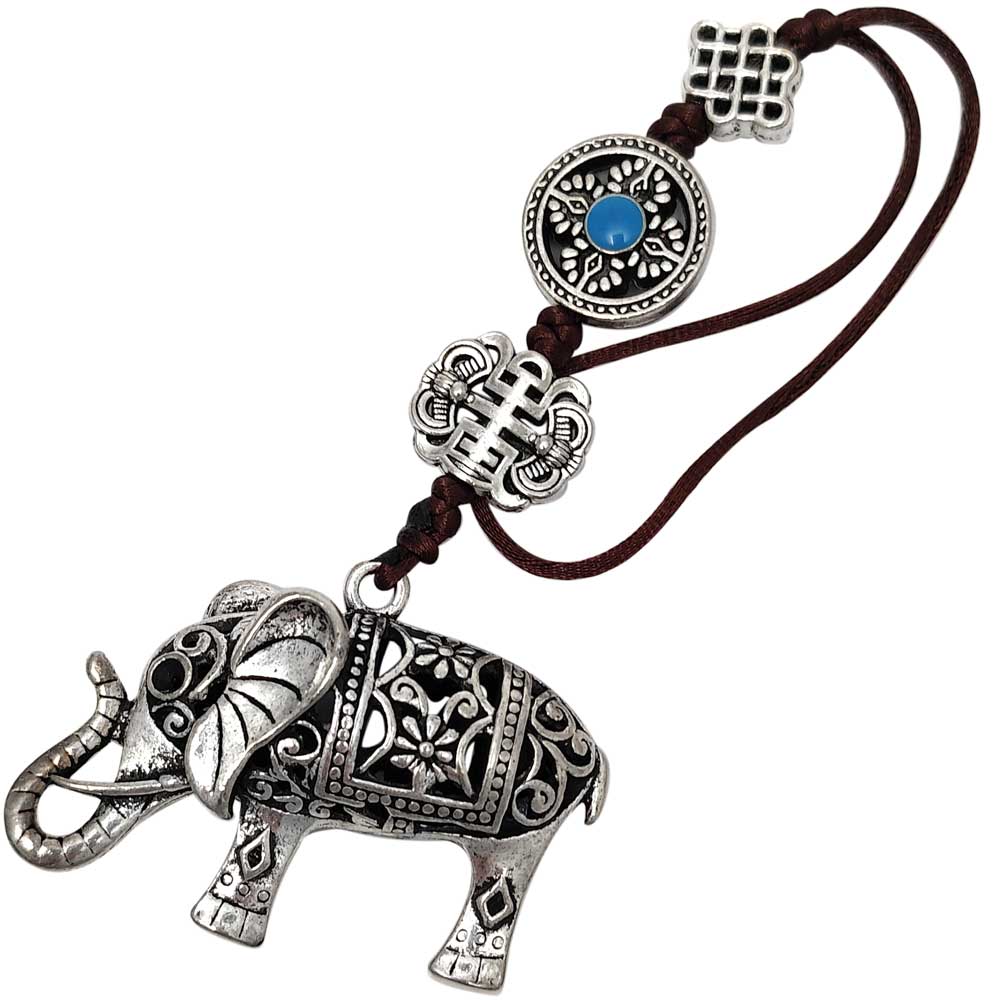 Elefantul bogatiei cu trompa in sus liliac si nod mistic, amuleta feng shui norocoasa pentru dragoste, protectie si oportunitati de bani, metal calitate argintiu