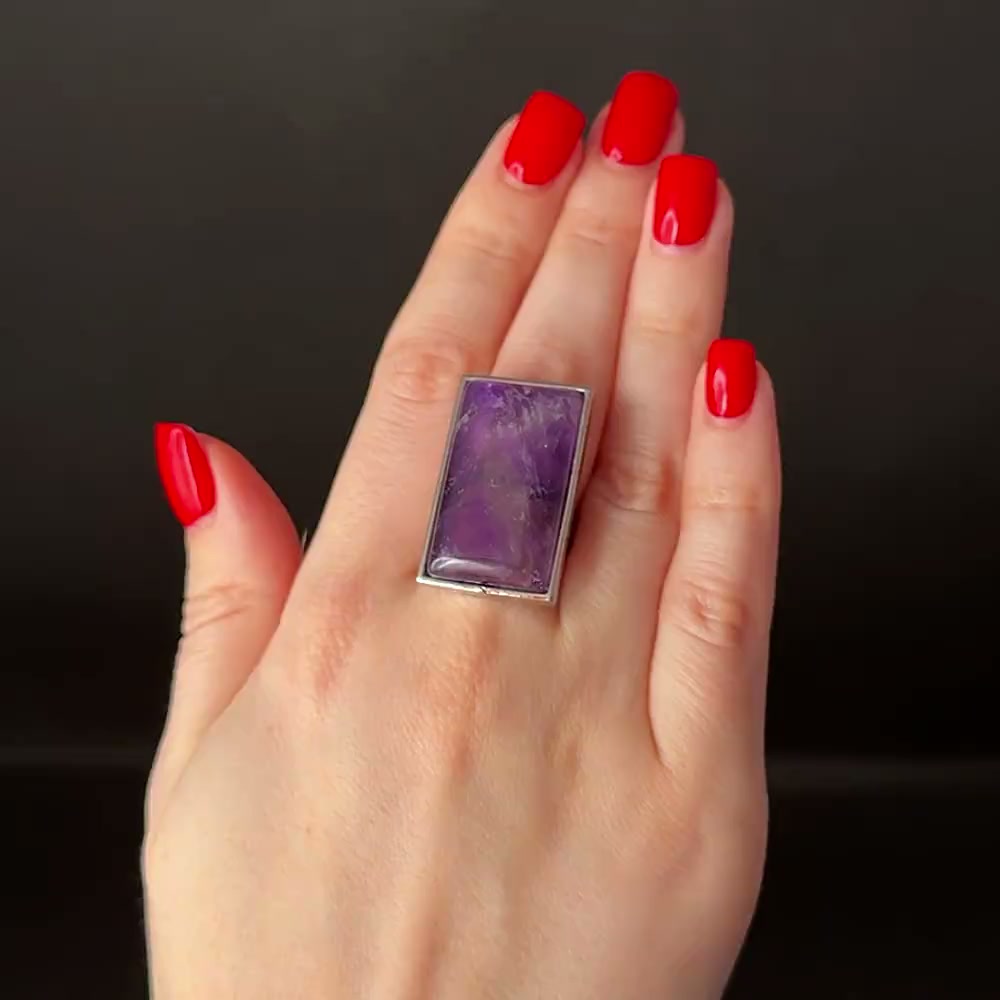 Inel Ametist, piatră protecție dragoste și spiritualitate, pietre mov 3 cm dreptunghiulara, inoxidabil reglabil