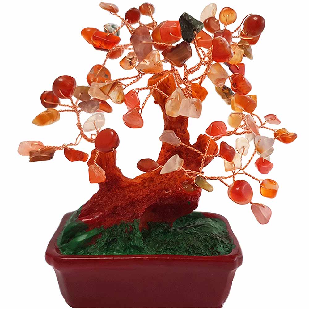 Copacei decorativi carneol, piatra semipretioasa contra energiilor negative,  copacel Feng Shui din cristale in suport de tip ghiveci 19 cm rosu