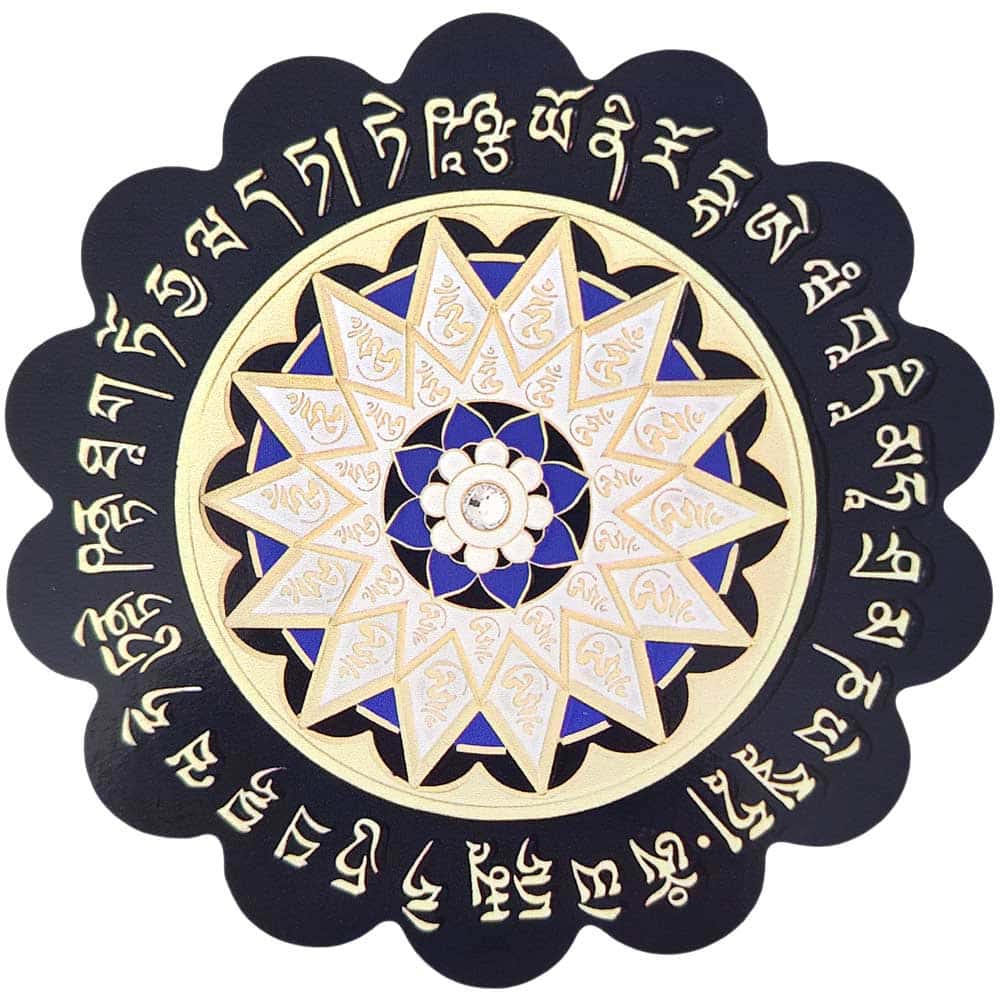 Sticker 28 Silabe Hum cu Lotus, autocolant feng shui protectie gelozie si invidie, diametru mare 11 cm, negru