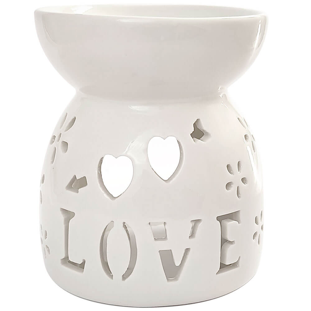 Lampa aromaterapie Love, suport pentru uleiuri esentiale si lumanari, vas ceramica alb