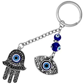 Breloc Hamsa si Ochiul norocos albastru, simbol de protectie si noroc, Fatima argintiu, 12 cm