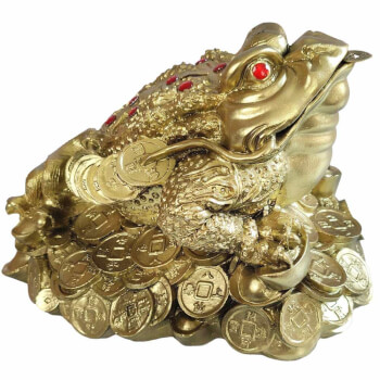 Broasca Feng Shui XXL cu pietre rosii si monede, amuleta pentru bani si bogatie, statueta pusculita si tips 20-23 cm 