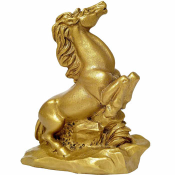 Cal in doua picioare pe val, obiect feng shui pentru victorie, bani si depasirea obstacolelor, statueta auriu
