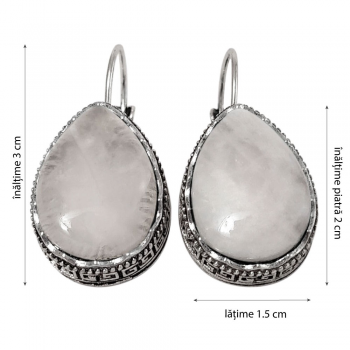 Cercei din pietrele semipretioase de Cristal de Stanca, cunoscut si ca Piatra Puterii, este un talisman de noroc, pandantiv pe lantisor de otel inoxidabil in forma de picatura, incolor cu insertii albe