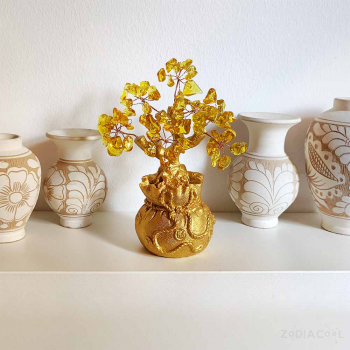 Copacul banilor Citrin, obiect feng shui cu mantre pentru bani, pietre semiprețioase galben 18 cm