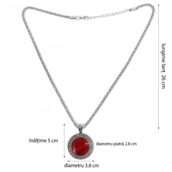 Colier Carneol rotund, pandantiv cu lantisor tip tennis argintiu ajustabil, piatra 3.5 cm rosu