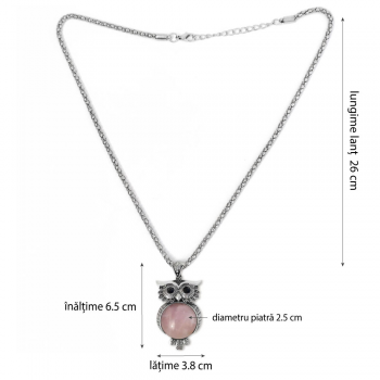 Colier cuart roz pandantiv bufnita cu lantisor tip tennis argintiu ajustabil, piatra 3.5 cm