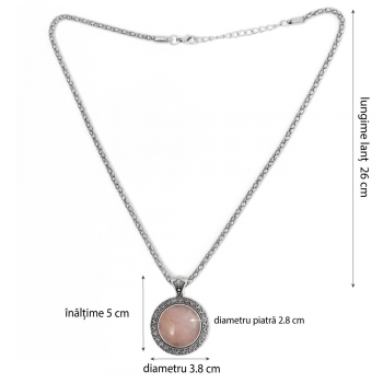 Colier Cuart Roz rotund, pandantiv cu lantisor tip tennis argintiu ajustabil, piatra 3.5 cm