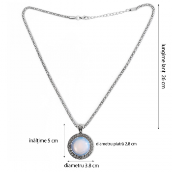Colier Opal rotund, pandantiv cu lantisor tip tennis argintiu ajustabil, piatra 3.5 cm alb bleu