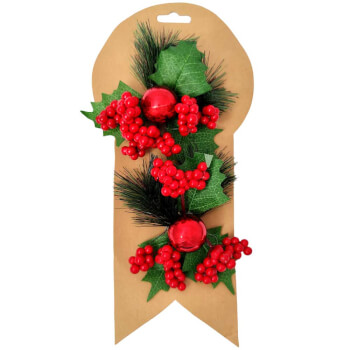 Set Decoratiune Craciun din brad artificial, frunze si bobite de scorus cu globuri rosii, cleme 2 bucati, 10 cm Set Decoratiune Craciun din brad artificial, frunze si bobite de scorus cu globuri rosii, cleme 2 bucati, 10 cm