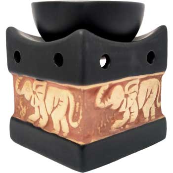 Suport lumanari si uleiuri esentiale elefanti cu trompa in sus, difuzor aromaterapie din ceramica, culoare negru si crem, HEM 10 cm